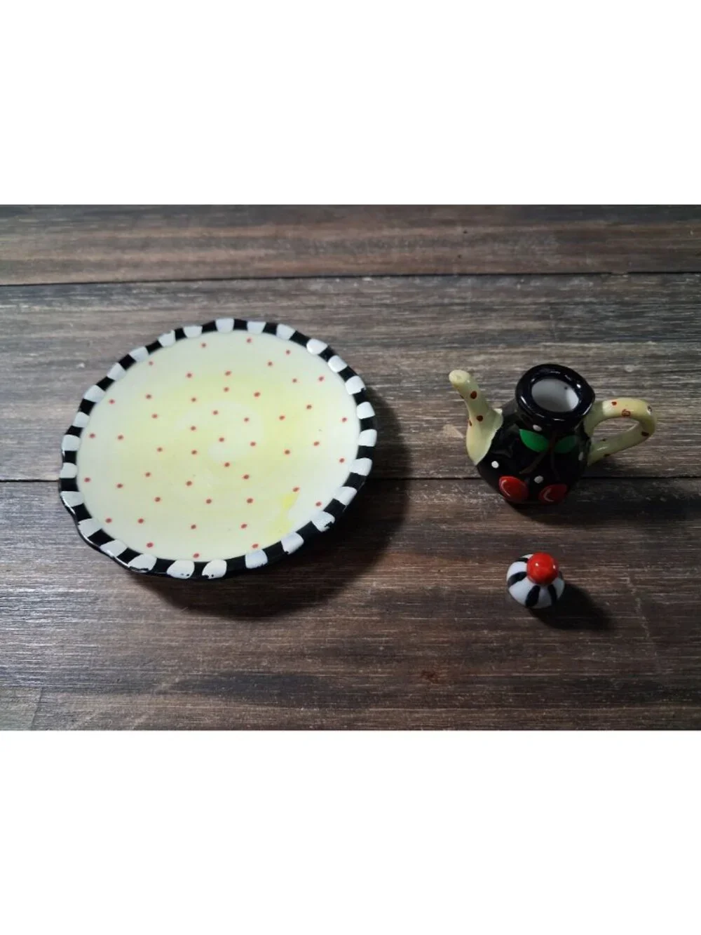 Mary Engelbreit Miniature Tea Pot Creamer Sugar Cup Plate Cherries Vintage